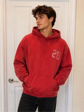 Hollister  Red Oversized Hoodie Sweatshirt Vintage Wash Pullover  Streetwear